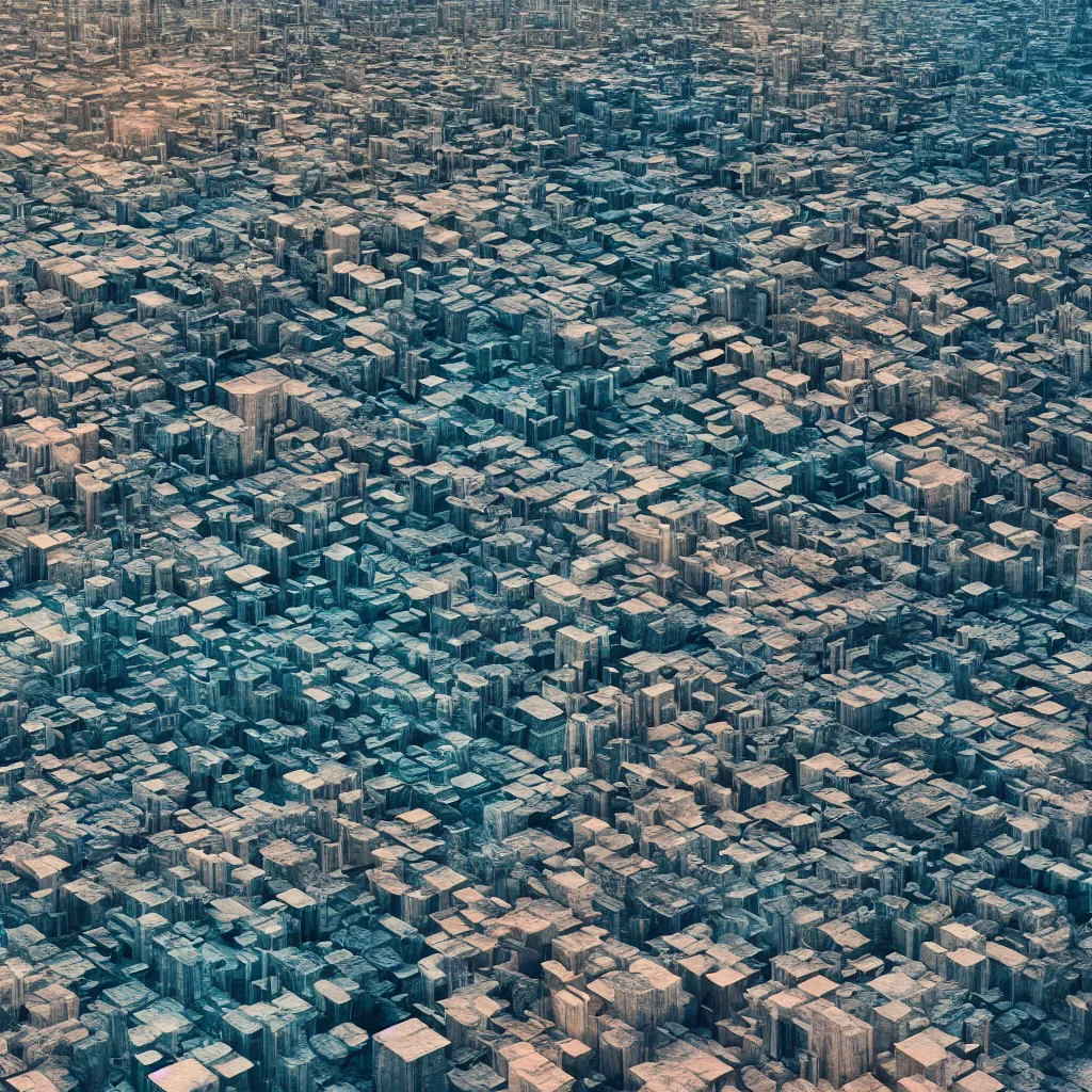 Prompt: aerial high resolution!! photography of a landscape filled with a disrupted architectures, vibrant and iridescent, highly ornated, sky is not visible, 8K, Octane Render, cinematic, state of the art, photorealistic lights, random scheme color