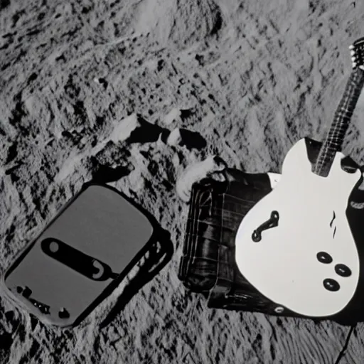 Image similar to photo of an idle electric guitar and an idle beer can next to one another on the moon surface