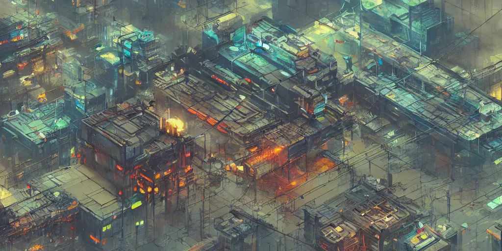 Prompt: isometric view of a cyberpunk factory filled with drone workers, busy, grimy, gritty, blade runner 2 0 4 9, trending on artstation, award winning painting, art by john berkey and anton fadeev and john howe and simon stalenhag