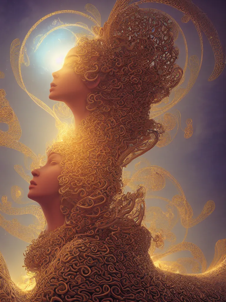 Image similar to a beautiful goddesses is generating energy fields and spiral fractal sacred geometry, by justin gerard and james jean, 3 d, cinema 4 d render, trending on artstation, octane render, 8 k