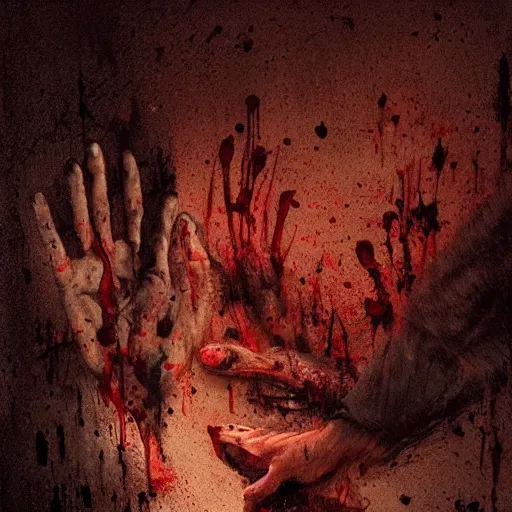 Prompt: A scene from a horror movie, with a close up of a victim's face, covered in blood, with the murderer's hand reaching out from the darkness, by Justin Gerard and Greg Rutkowski, highly detailed, sharp focus, elegant, illustration, 15mm lens, 4K
