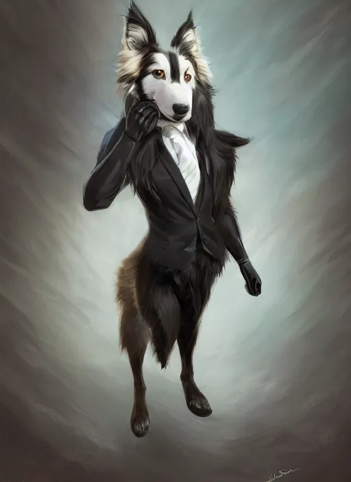 Prompt: wide angle beautiful full body portrait of a strong male anthropomorphic anthro border collie fursona in a suit sitting in a parlor room, character design by charlie bowater, henry asencio, and ross tran, disney, detailed, sharp focus, matte, aesthetic, trending on artstation, furaffinity, deviantart