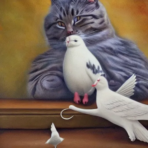 Image similar to cat playing with the dove of peace, photorealistic, detailed