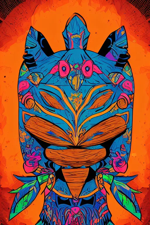 Image similar to animal mask totem roots flower tribal feather gemstone plant wood rock shaman vodoo video game vector cutout illustration vivid multicolor borderlands comics by josan gonzales and dan mumford radiating a glowing aura