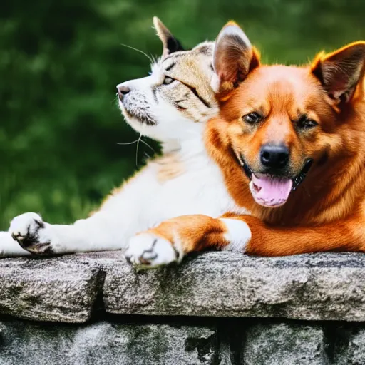 Image similar to a smiling dog sitting on top of a cat, professional photography