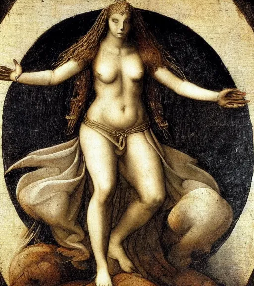 Prompt: godess of the night nyx in her primordial form in a shadwy position drawn in a painting style by leonardo da vinci, high quality, mystical