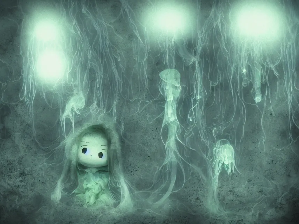 Image similar to cute fumo plush smiling ectoplasmic jellyfish ghost girl lingering in a mysterious concrete organic ruin, chibi gothic maiden in tattered melting rags, glowing wisps of hazy green smoke and eerie blue volumetric fog swirling about, moonlight, glowing lens flare, vray