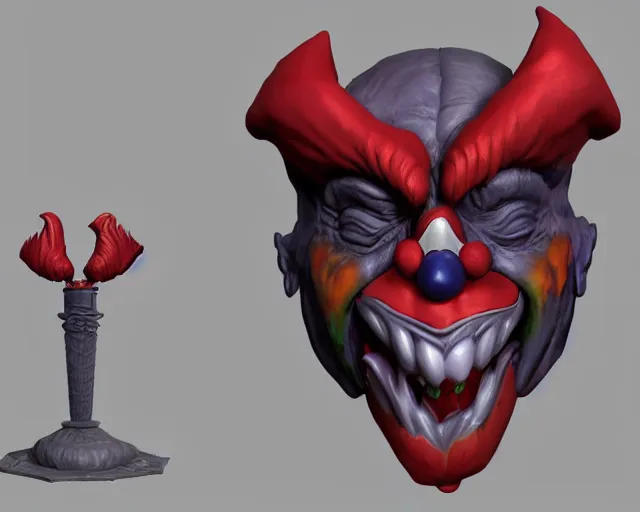 Image similar to 3d sculpt of a relief of a evil clown face with huge bat wings, skull, artstation, digital illustration, league of legends, dark souls