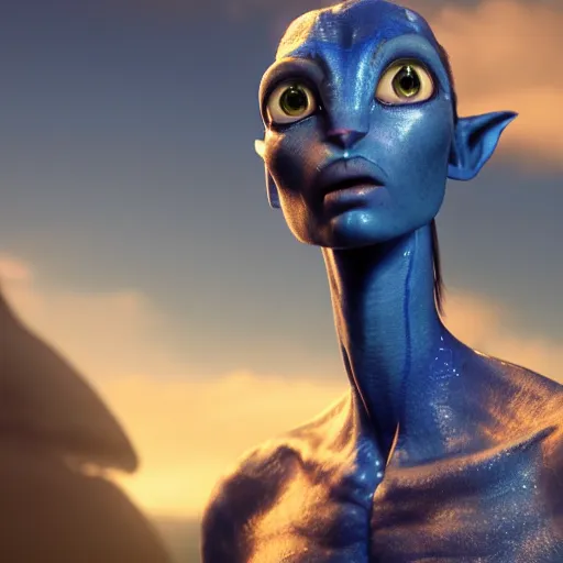 Prompt: close up of a tall blue alien like Avatar (2009), key visual, standing, three quarter view, faith, hopeful, looking in the distance, trending on Artstation, Cgsociety, dramatic lighting, detailed, realistic