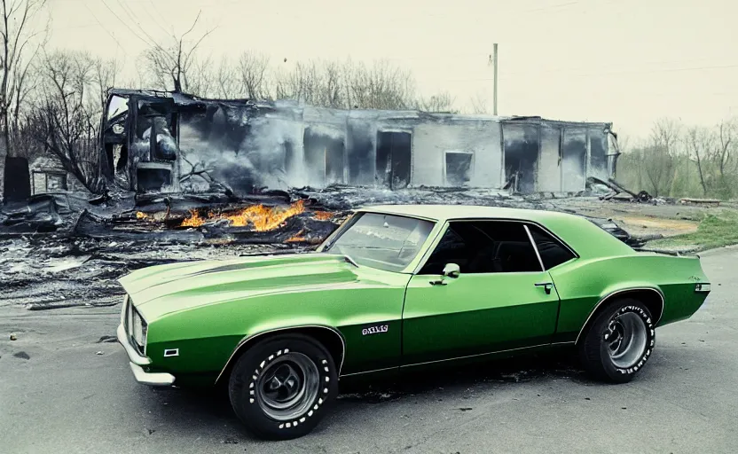 Prompt: a green 1 9 6 9 chevrolet camaro zl driving away from a fire explosion