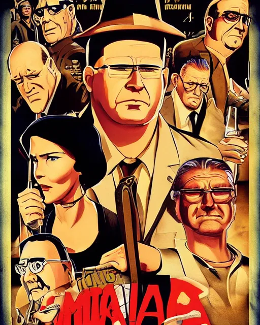 Image similar to a promotional poster for a mafia - themed king of the hill movie illustrated by robert mcginnis, poster design, king of the hill, dramatic, dramatic lighting, hank hill, dale gribble, boomhauer, bill dauterive, john redcorn