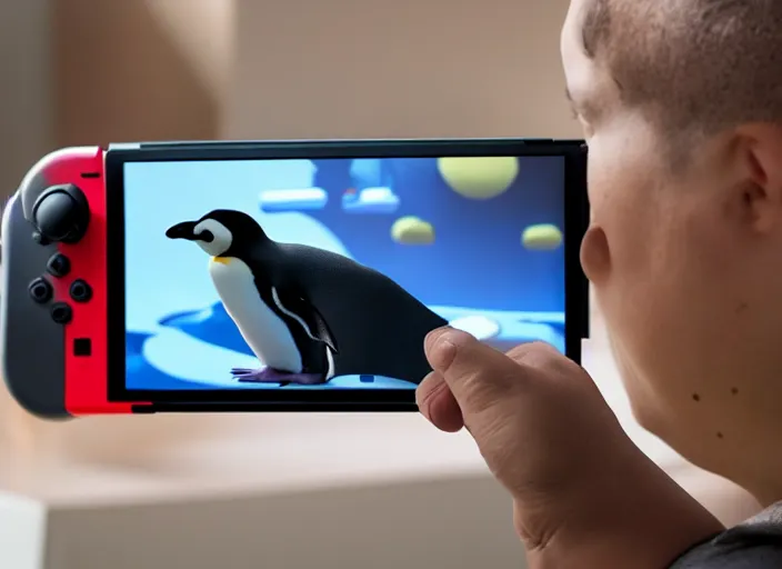 Prompt: photo still of a penguin playing a nintendo switch, 8 k, studio lighting bright ambient lighting key light, 8 5 mm f 1. 8