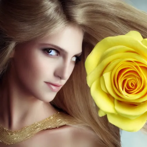 Image similar to long blonde haired woman wearing white clothes holding a yellow rose, highly detailed, 4k