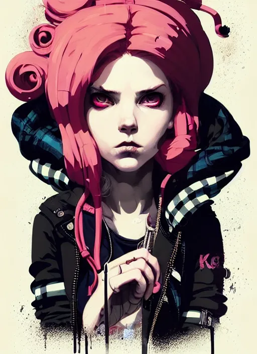 Image similar to highly detailed portrait of a sewer punk lady, tartan hoody, blonde ringlet hair by atey ghailan, by greg rutkowski, by greg tocchini, by james gilleard, by joe fenton, by kaethe butcher, gradient magenta, black, blonde cream and white color scheme, grunge aesthetic!!! ( ( graffiti tag wall background ) )