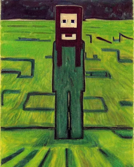 Image similar to minecraft creeper standing in a field by edvard munch