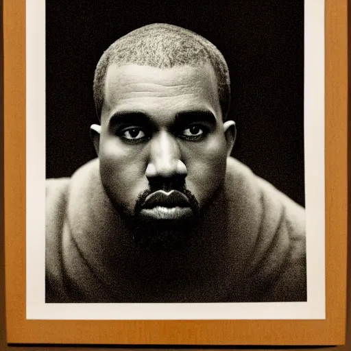 Image similar to a chiaroscuro lighting portrait of kanye west dressed in rick owens clothing, black background, portrait by julia margaret cameron, shallow depth of field, 8 0 mm, f 1. 8