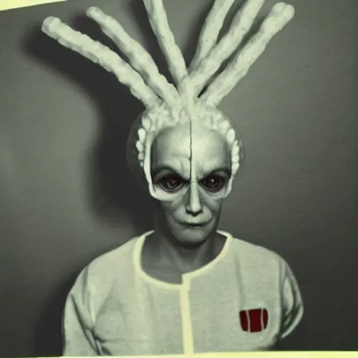 Image similar to my mother as an alien,her hair is French fries and ketchup comes out of his ears. creepy photo