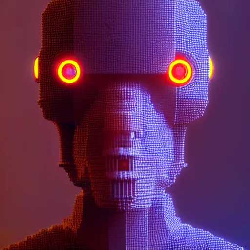 Prompt: cyberpunk robot, head, extremely detailed, voxel art, soft light, fantasy, digital painting, art station, fine details, by voxel style