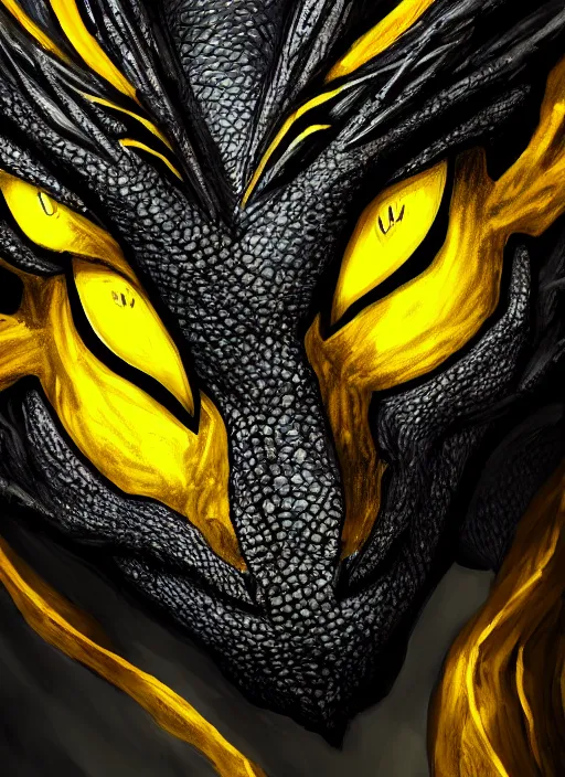 Image similar to closeup portrait of black dragon head with yellow eyes, ultra realistic, fantasy, magic, dnd,