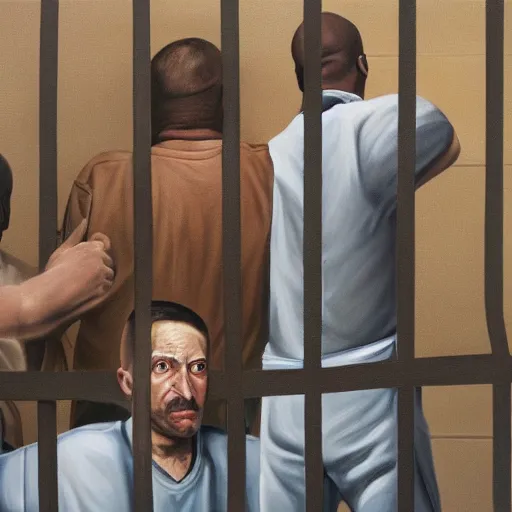 Image similar to hyperrealism painting of prisoners scheming to escape prison