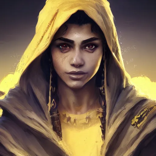 Image similar to portrait of young arabian nomad half wolf, with yellow cloths, league of legends splash art, hearthstone splash art, full body shot, rule of thirds, ultrafine hyperrealistic detailed face, artgerm, greg rutkowski, trending on artstation, 8 k, intricately detailed, highly detailed