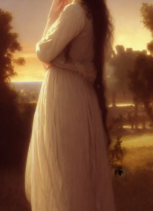 Prompt: oil painting close up portrait of a contemplative young provencale woman with long dark flowing hair in a dress made of white roses!! at sunset, hazy, digital art, chiaroscuro, artstation, cinematic, golden hour, digital art painting by greg rutkowski, william - adolphe bouguereau, hazy atmosphere, cinematic lighting