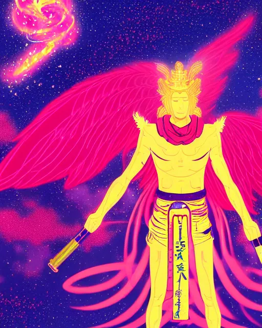 Image similar to a character portrait of a male angel with golden fiery wings, surrounded by spiriling sparkling rose crystals and galaxies, hyper light drifter, ukiyo - e trending on artstation