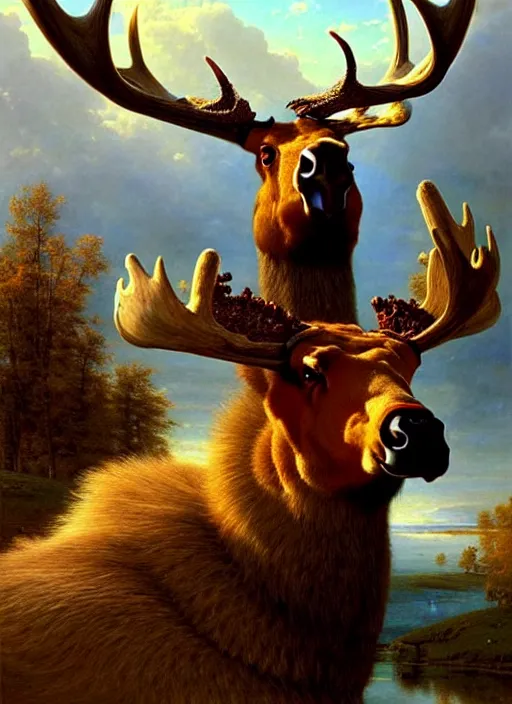 Prompt: giant goose with very large moose antlers, digital art by eugene de blaas and ross tran, vibrant color scheme, highly detailed, in the style of romanticism, cinematic, artstation, greg rutkowski