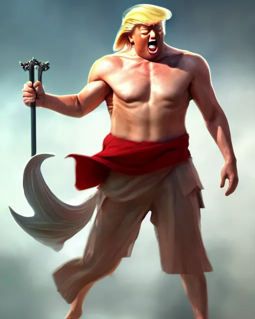 Image similar to character concept art of donald trump as poseidon in a dynamic pose | cute - fine face, pretty face, realistic shaded perfect face, fine details by stanley artgerm lau, wlop, rossdraws, james jean, andrei riabovitchev, marc simonetti, and sakimichan, tranding on artstation