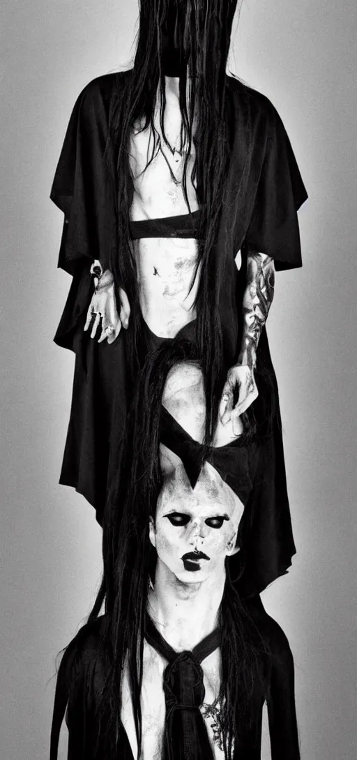 Prompt: goth rendition of a cult leader wearing rick owens