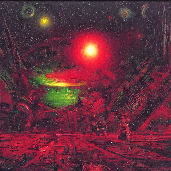 Image similar to gargantuan disappointment, red and green palette, night lights, starry sky, by ( h. r. giger ) and paul lehr