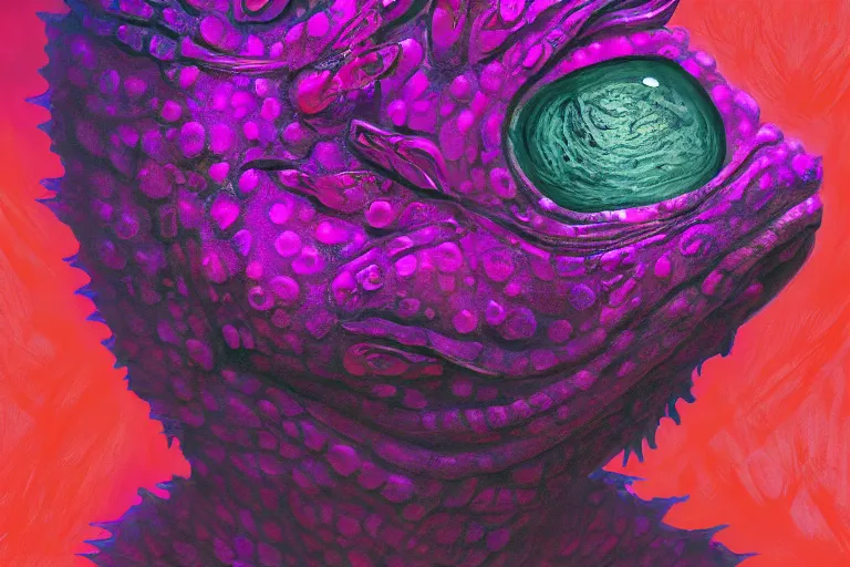 Image similar to chaos chuul spore servant gorgonops, painted by alicia austin and teddy harvia, trending on artstation, dramatic magenta lighting fish eye symbolism, hdr, portrait, iridescent colors, gond painting