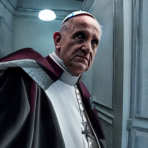 Image similar to movie still, movie frame, the pope as the main character in resident evil