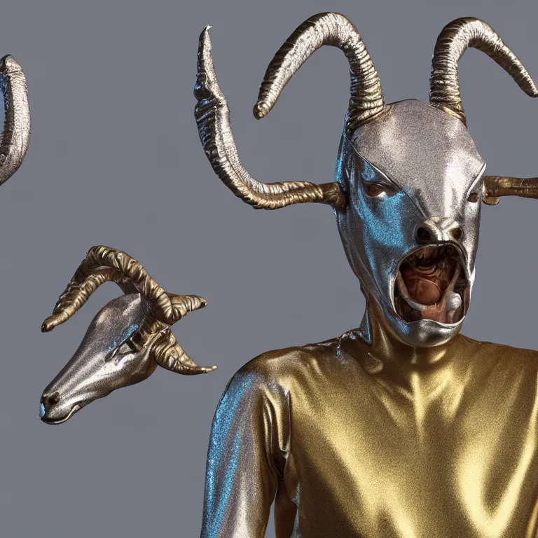 Image similar to octane render portrait by national geographic and wayne barlow and carlo crivelli and glenn fabry, a goat - headed evil demon wearing a tight iridescent silver latex suit, covered in liquid gold, cinema 4 d, ray traced lighting, very short depth of field, bokeh