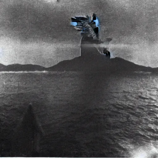 Prompt: rare vintage footage of Godzilla, overshadowing Kim Jong-il, obscured underexposed view