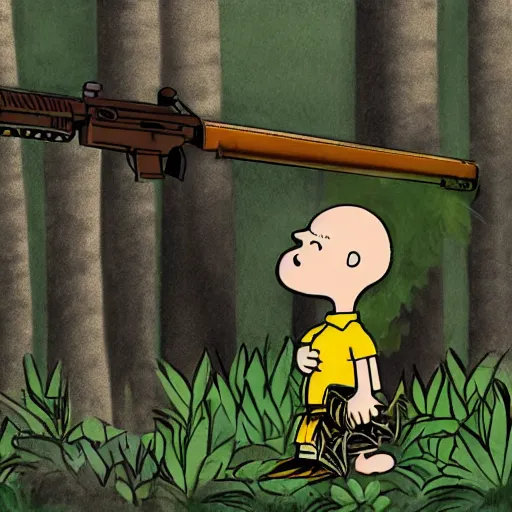 Prompt: Charlie Brown in the jungles of Vietnam holding a M16 rifle, ultra realistic digital painting, w- 640 n- 4