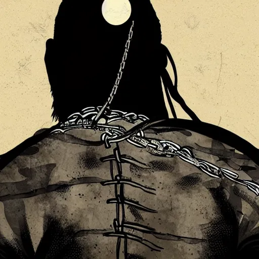 Image similar to A PORTRAIT FROM BEHIND OF A SAMURAI MAN VAGABOND WITH A MOON BEHIND HIM ,THE SAMURAI IS WRAPPED IN CHAINS ,detailed, concept art, ink style , sketch