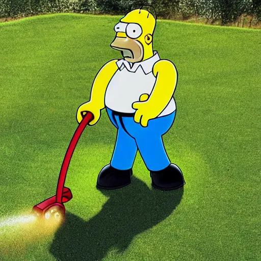 Prompt: chrome homer simpson mowing the grass in a tank top