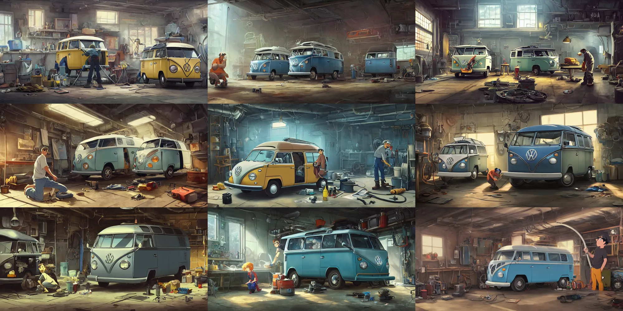 Prompt: a wholesome animation key shot of a focused auto mechanic repairing an old vw van in a workshop garage, medium shot, waist up, studio Ghibli and Disney animation, sharp, Rendered in Unreal Engine 5, anime key art by Greg Rutkowski, Bloom, dramatic lighting