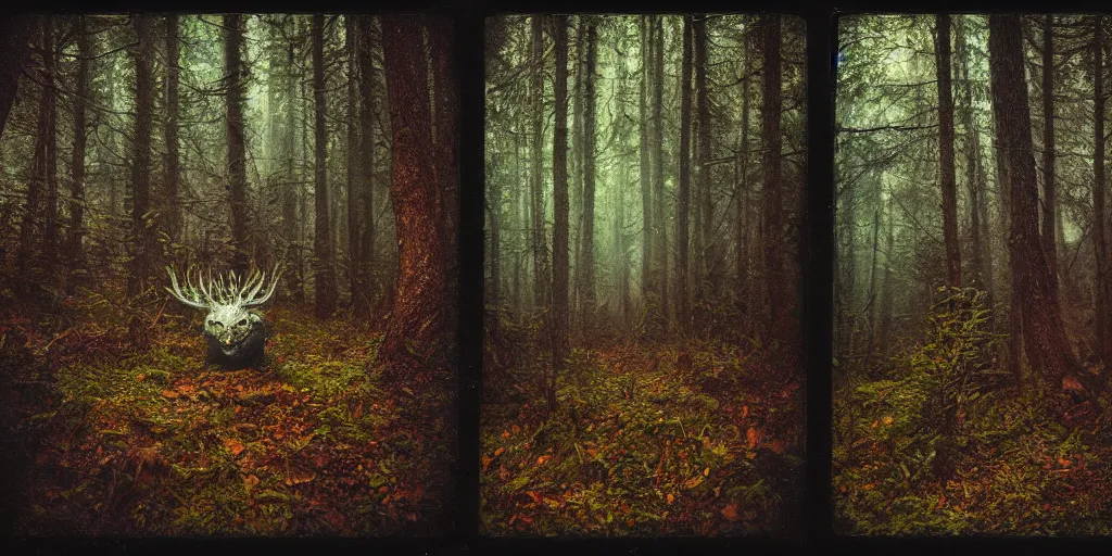 Prompt: detailed analog medium format photo, polaroid photo of a creature in dark forest, artwork by maxim verehin, high production value, intricate details, 8 k resolution, hyperrealistic, hdr, photorealistic, high definition, tehnicolor, award - winning photography, masterpiece, amazing colors, trending on artstation