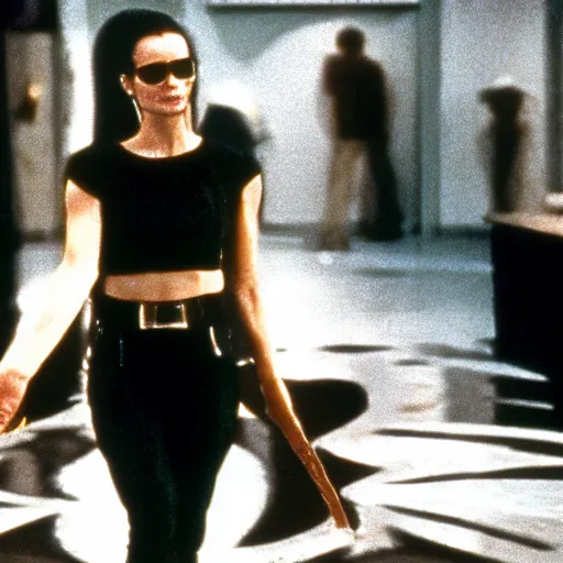 Image similar to still from old 80\'s movie Matrix (1982) actress playing Agent Smith