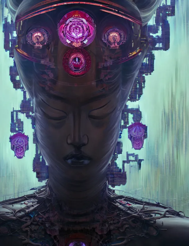 Prompt: a epic sakyamuni, the founder of buddhism in cyberpunk style temple, dystopian, cyberpunk, organic fractal mycelum and fungi, mecha, halfturn portrait of a big crystal face made of crystals half - turn, ominous, intricate, studio, art by anthony macbain + greg rutkowski + alphonse mucha, concept art, 4 k, sharp focus