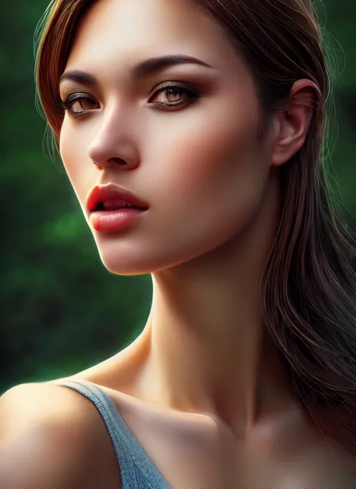 Image similar to photo of a gorgeous female in the style of stefan kostic, realistic, half body shot, sharp focus, 8 k high definition, insanely detailed, intricate, elegant, art by stanley lau and artgerm, extreme bokeh foliage