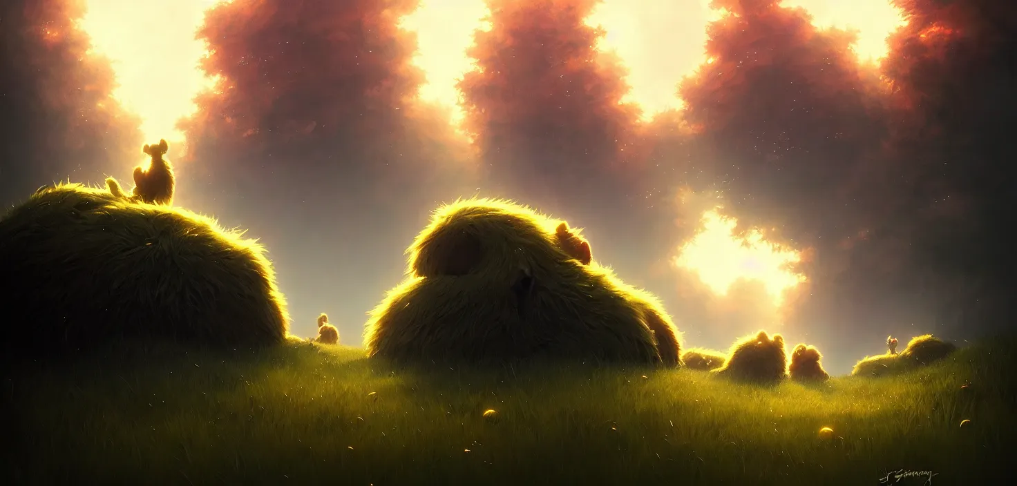 Prompt: shaggy fluffy monsters glowing eyes, detailed, concept art, low angle, high detail, warm lighting, volumetric, godrays, vivid, beautiful, trending on artstation, by jordan grimmer, huge scene, grass, art greg rutkowski