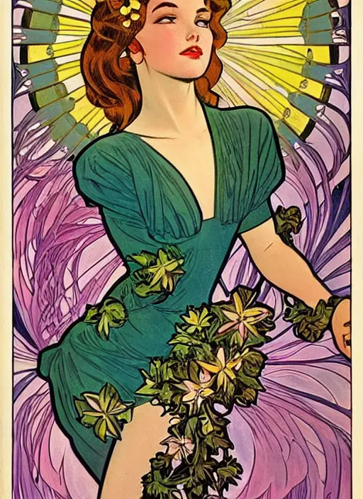 Image similar to a beautiful young woman. she is a flower fairy. well composed, clean elegant painting, beautiful detailed face. retro comic book art by steve ditko and jack kirby and ( alphonse mucha )