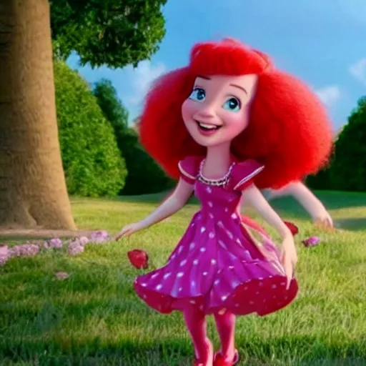 Prompt: Still of a movie adaptation of Strawberry Shortcake with Anne Hathaway, cinematic , technicolor