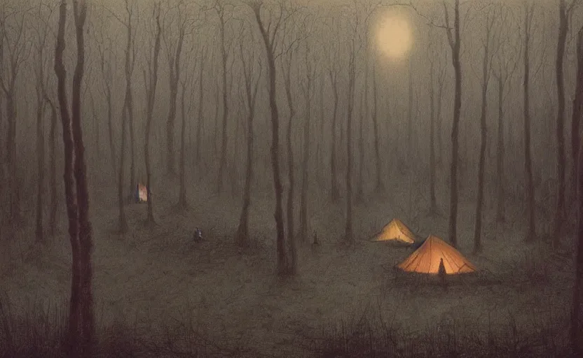 Prompt: people camping in a forest of nightmares by Beksinski, 4k, masterpiece