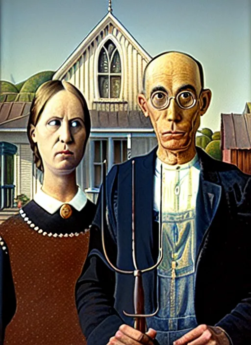 Prompt: a painting by grant wood of an astronaut couple, american gothic style