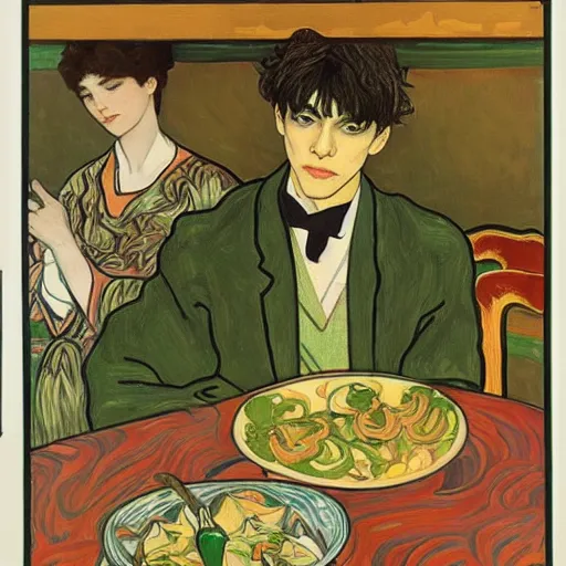 Prompt: taehyung at the cucumber soup party, elegant, clear, sharp focus, bold colors, smooth, alphonse mucha, vincent van gogh, egon schiele,