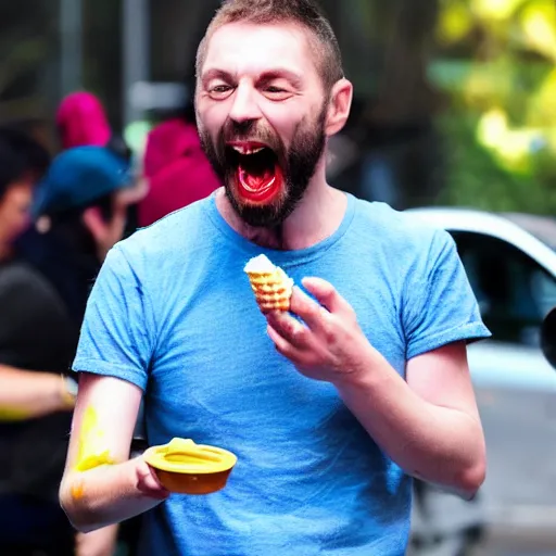 Prompt: thom york excitedly eating several colorful ice cream cones